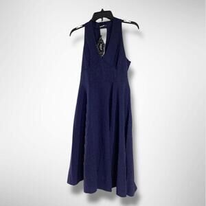 NWT Atnlewhi V Neck Sleeveless Midi A Line Cocktail Elegant Dress, Navy Blue, S